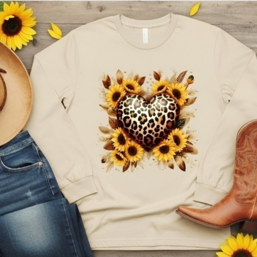 Sunflower Leopard Heart Long Sleeve • Western Boho Fall Tee • Country Girl Top